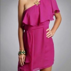Magenta Silk Ruffle Cold Shoulder Dress